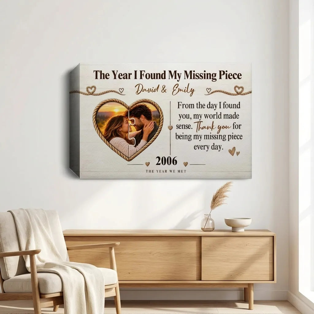 Personalized Missing Piece Couple Canvas, Custom Photo Anniversary Wall Art, Romantic Soulmate Gift with Names and Year