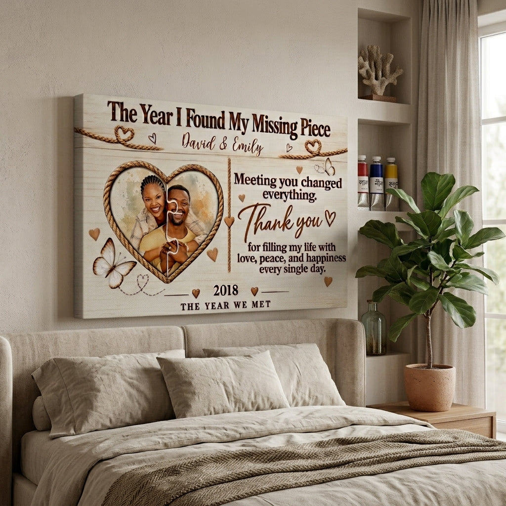 Personalized Missing Piece Couple Canvas, Custom Photo Anniversary Wall Art, Rustic Love Story Gift for Couples