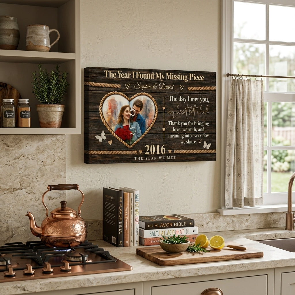 Personalized Missing Piece Couple Canvas, Custom Photo Love Story Wall Art, Rustic Anniversary Gift for Couples