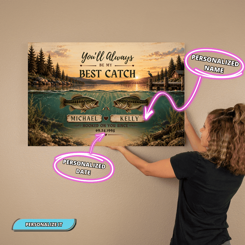 Personalized Fishing Couple Canvas | Custom Names & Date Best Catch Wall Art | Rustic Lake Anniversary Gift for Fishermen