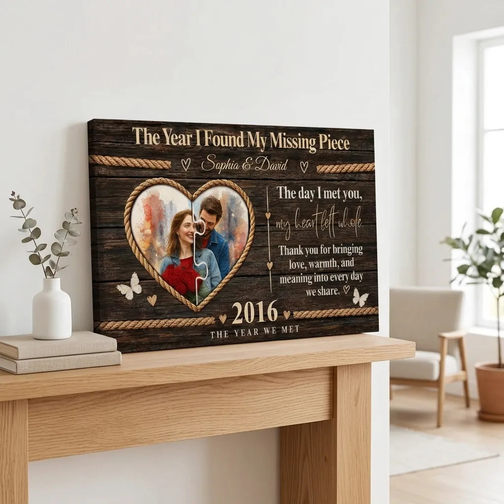 Personalized Missing Piece Couple Canvas, Custom Photo Love Story Wall Art, Rustic Anniversary Gift for Couples