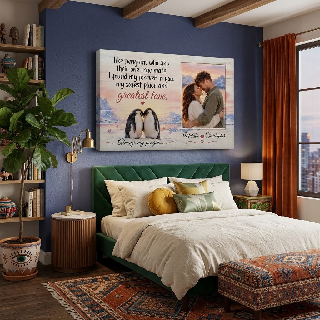 Personalized Penguin Couple Canvas, Custom Photo Love Wall Art, Always My Penguin Romantic Anniversary Gift