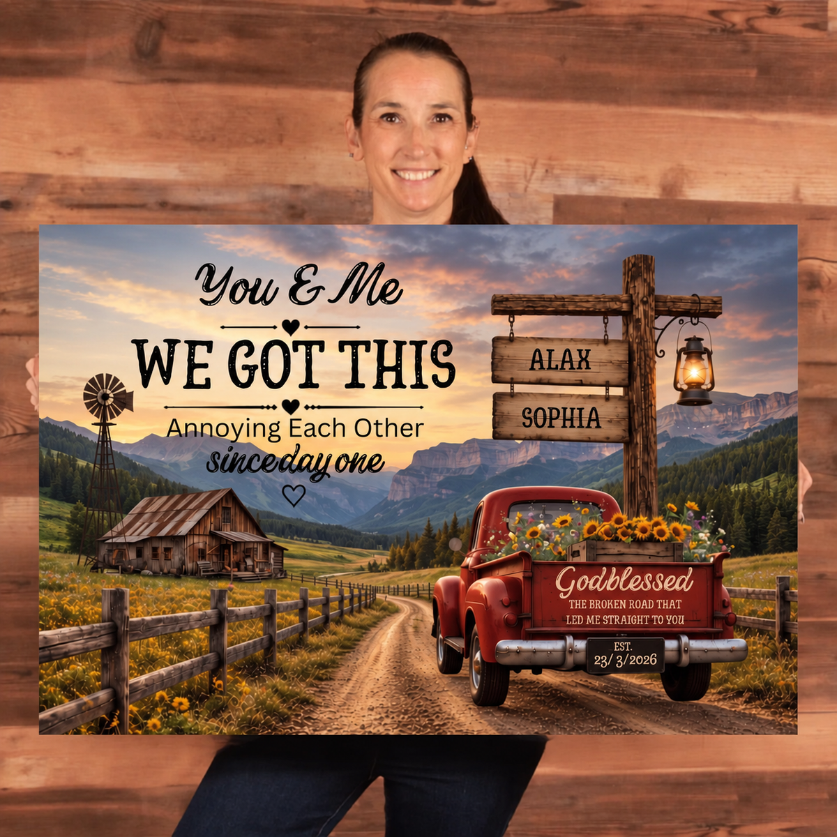 Personalized Couple Farmhouse Canvas | Rustic Red Truck Anniversary Gift