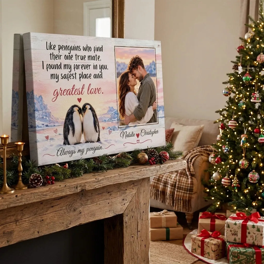 Personalized Penguin Couple Canvas, Custom Photo Love Wall Art, Always My Penguin Romantic Anniversary Gift