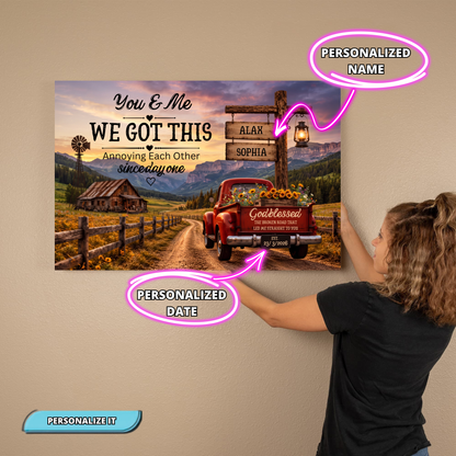 Personalized Couple Farmhouse Canvas | Custom Names Rustic Red Truck Wall Art | Romantic Country Anniversary Gift