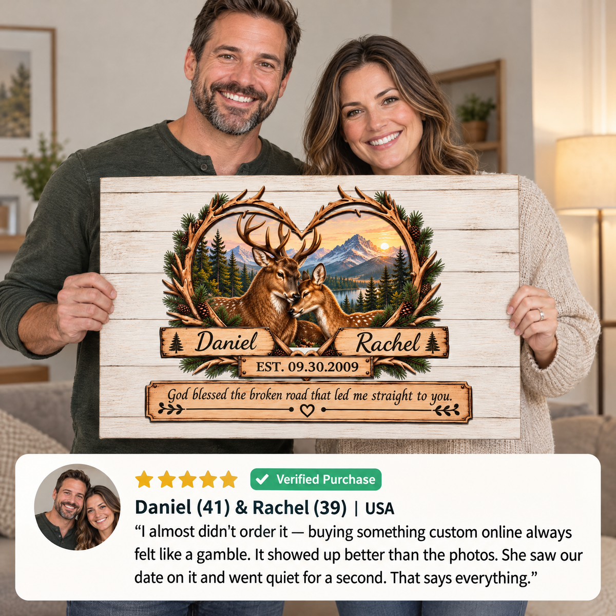 Couple holding the canvas with a verified customer review