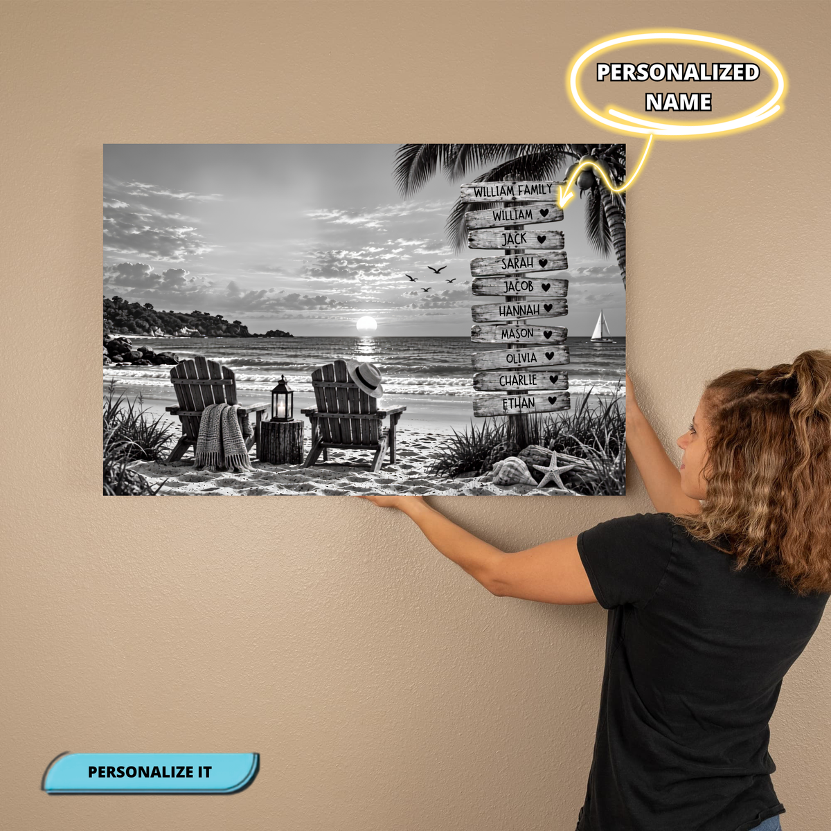 Personalized Family Beach Canvas | Custom Family Names Coastal Wall Art | Rustic Ocean Sunset Family Gift & Home Decor