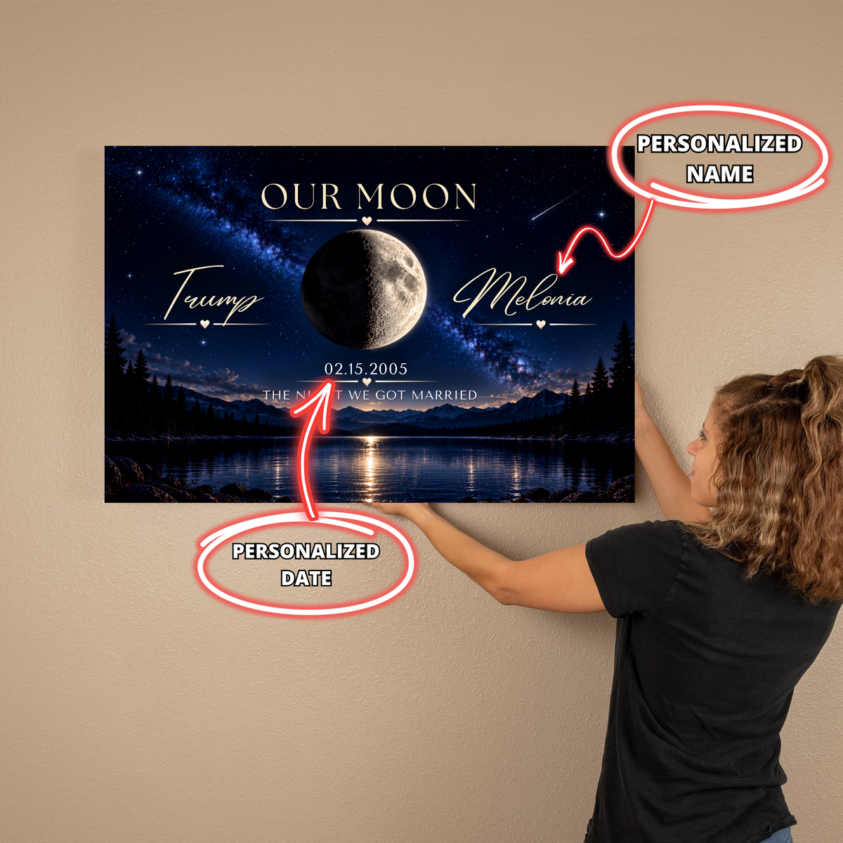 Personalized Our Moon Canvas | Custom Couple Names & Anniversary Date Moon Wall Art | Romantic Night Sky Bedroom Decor Gift