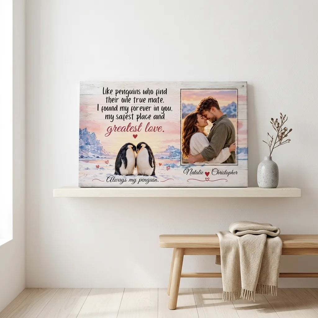 Custom Penguin Love Canvas with Couple Names
