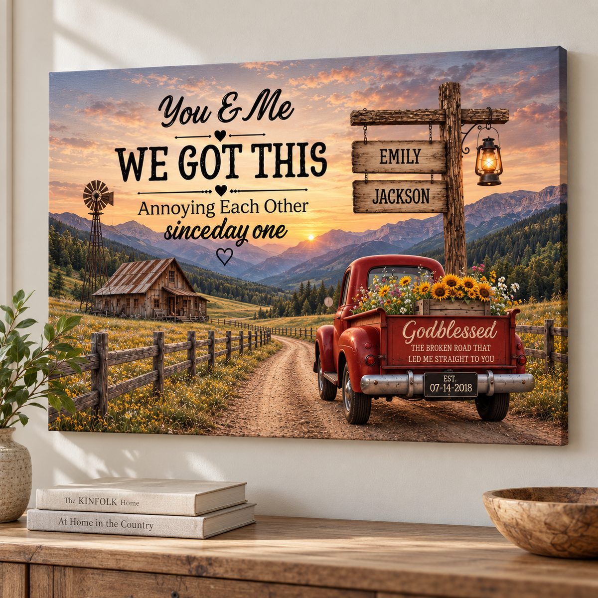 Personalized Couple Farmhouse Canvas | Rustic Red Truck Anniversary Gift