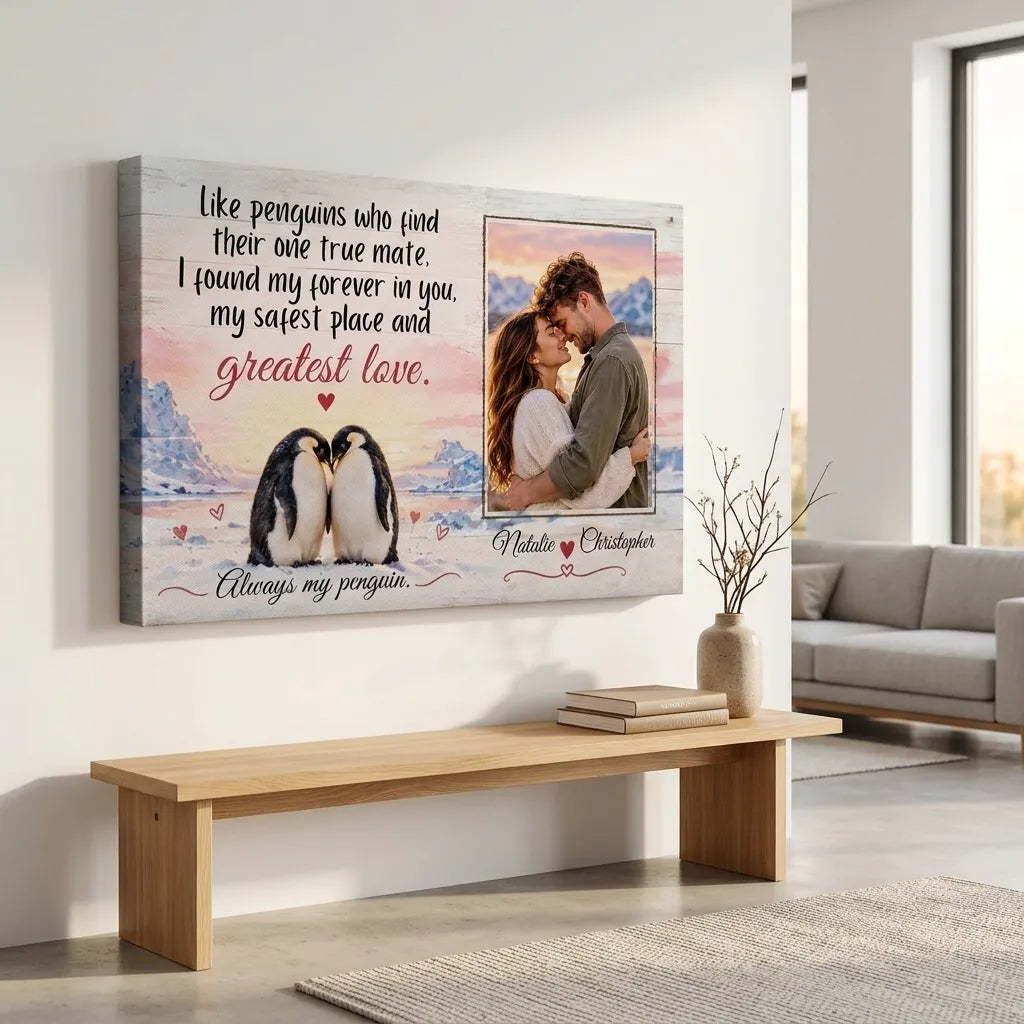 Personalized Penguin Couple Canvas, Custom Photo Love Wall Art, Always My Penguin Romantic Anniversary Gift