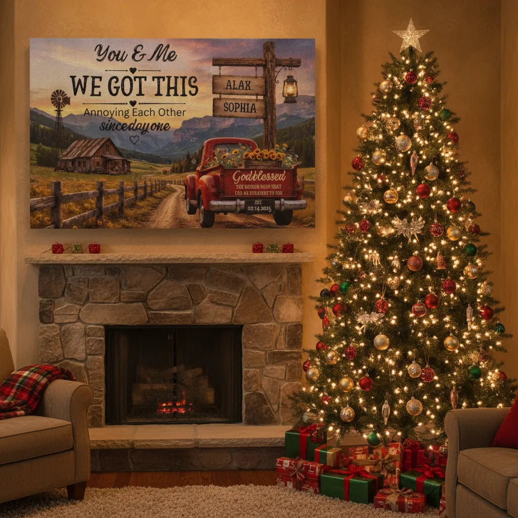 Personalized Couple Farmhouse Canvas | Custom Names Rustic Red Truck Wall Art | Romantic Country Anniversary Gift