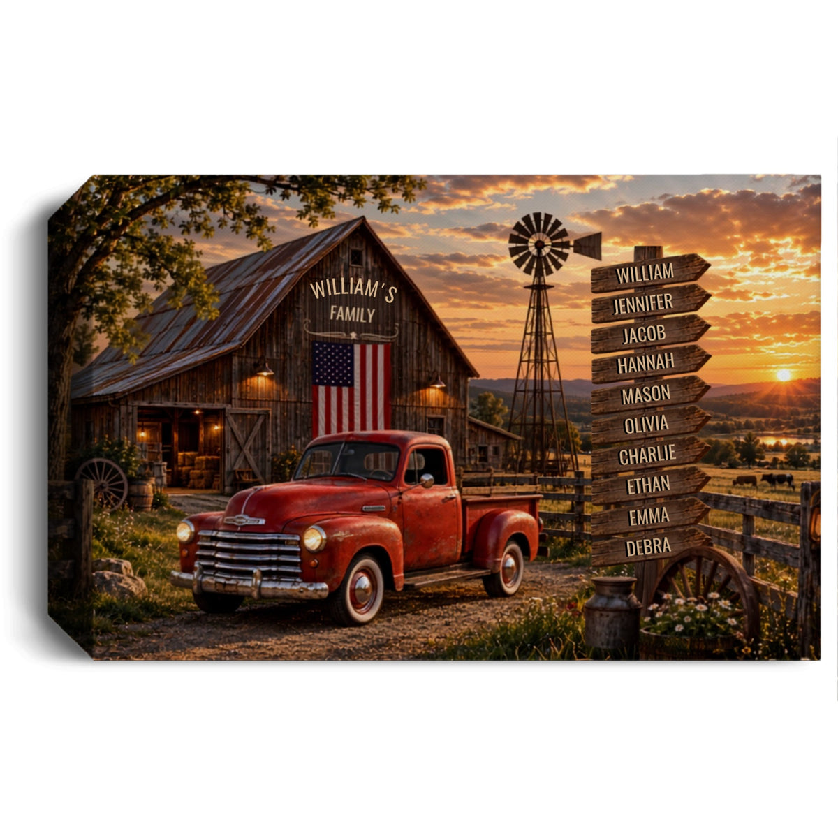 Personalized Family Farmhouse Canvas | Custom Family Name Sign with Wooden Name Boards & Vintage Red Truck | Rustic Country Wall Art