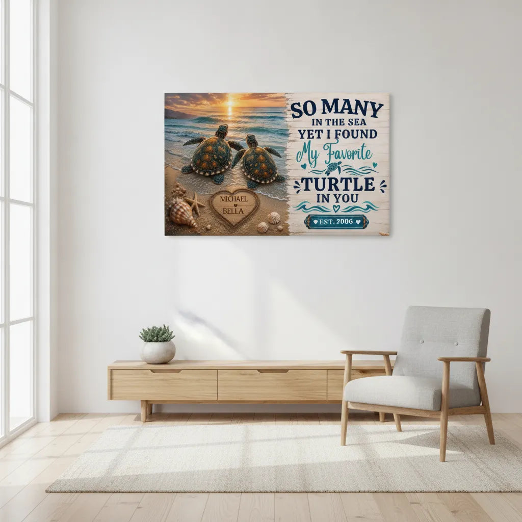 Personalized Sea Turtle Couple Canvas | Custom Names & Date Ocean Wall Art | Romantic Beach Anniversary Gift for Couples