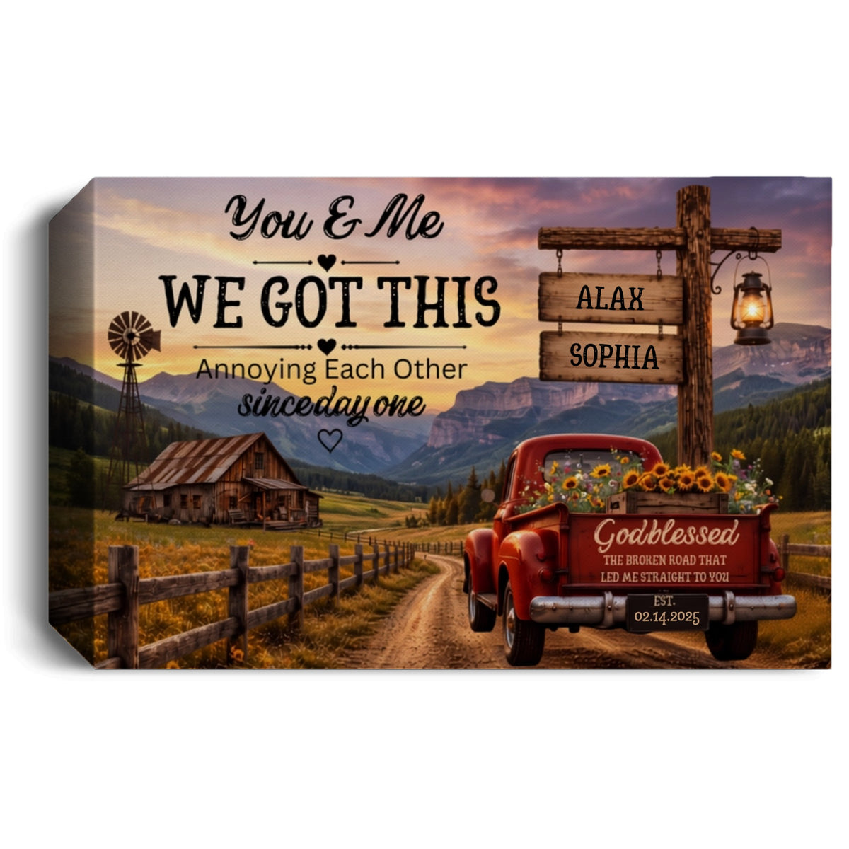 Personalized Couple Farmhouse Canvas | Custom Names Rustic Red Truck Wall Art | Romantic Country Anniversary Gift