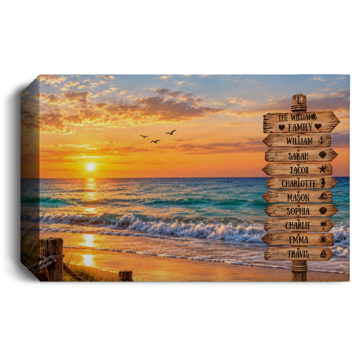 Personalized Family Beach Canvas | Custom Family Names Coastal Sunset Wall Art | Rustic Ocean Family Home Decor Gift