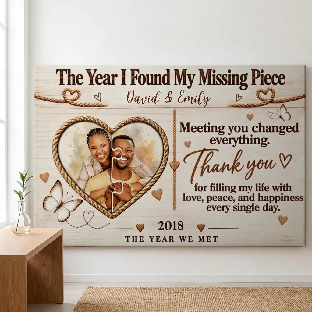 Personalized Missing Piece Couple Canvas, Custom Photo Anniversary Wall Art, Rustic Love Story Gift for Couples