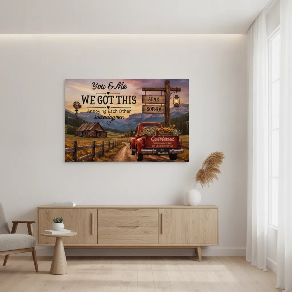 Personalized Couple Farmhouse Canvas | Custom Names Rustic Red Truck Wall Art | Romantic Country Anniversary Gift