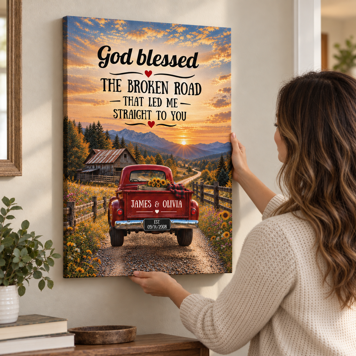 "God Bless The Broken Road" Personalized Couple Canvas Wall Art