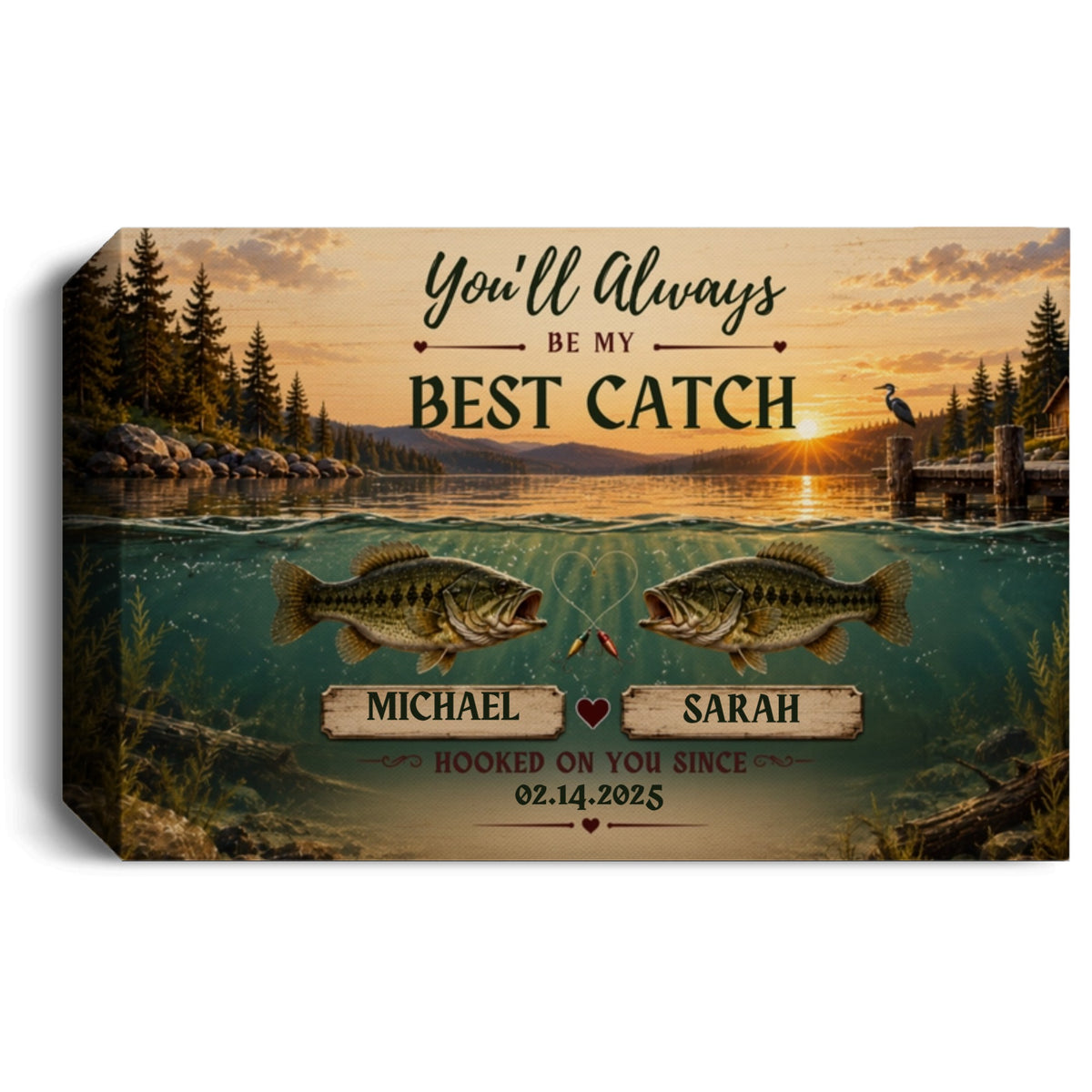 Personalized Fishing Couple Canvas | Custom Names & Date Best Catch Wall Art | Rustic Lake Anniversary Gift for Fishermen