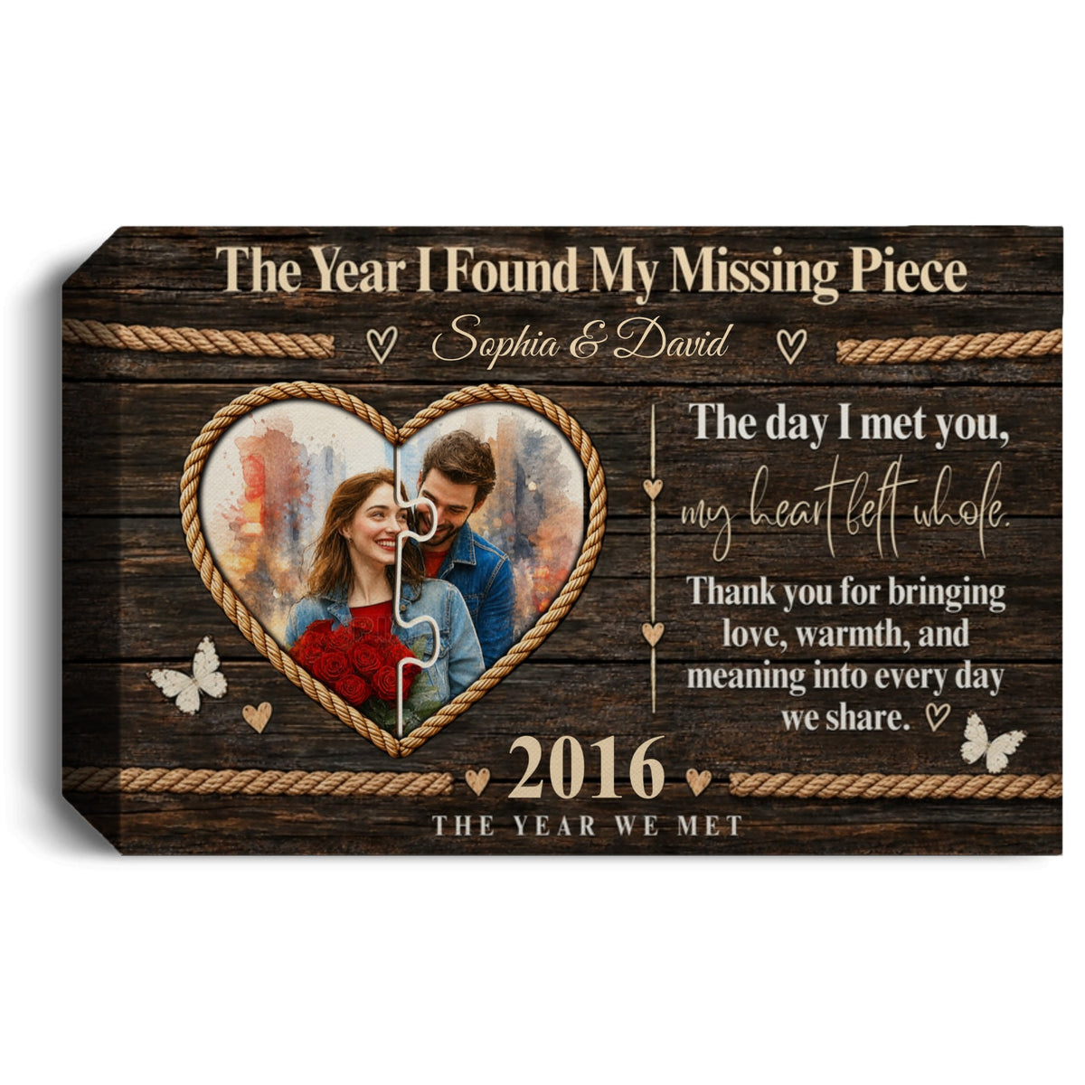 Rustic Wooden Love Story Canvas with Couple Names