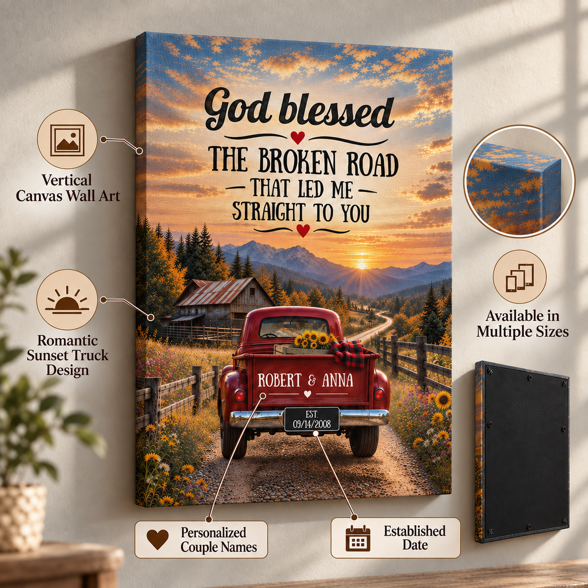 "God Bless The Broken Road" Personalized Couple Canvas Wall Art