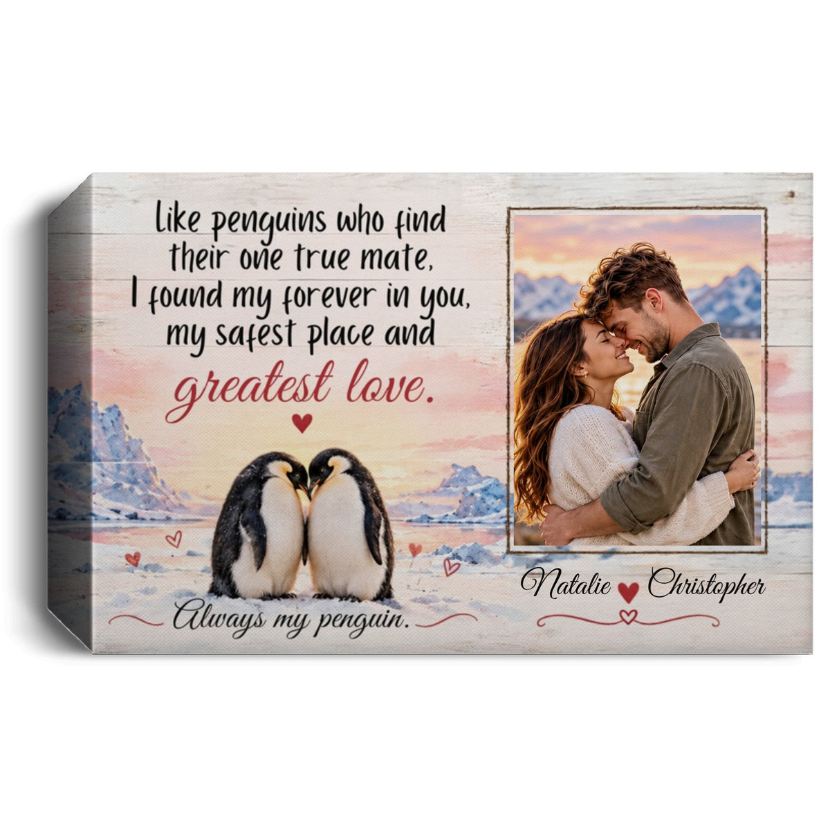 Personalized Penguin Couple Canvas, Custom Photo Love Wall Art, Always My Penguin Romantic Anniversary Gift