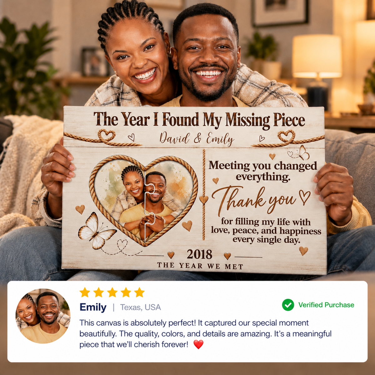 Personalized Missing Piece Couple Canvas, Custom Photo Anniversary Wall Art, Rustic Love Story Gift for Couples