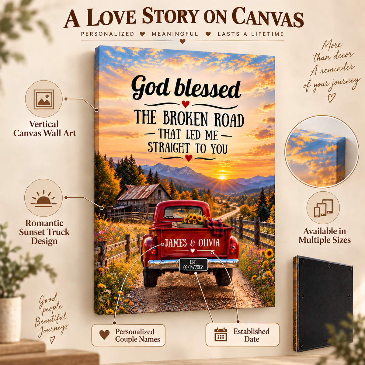 "God Bless The Broken Road," Personalized Couple Canvas Wall Art