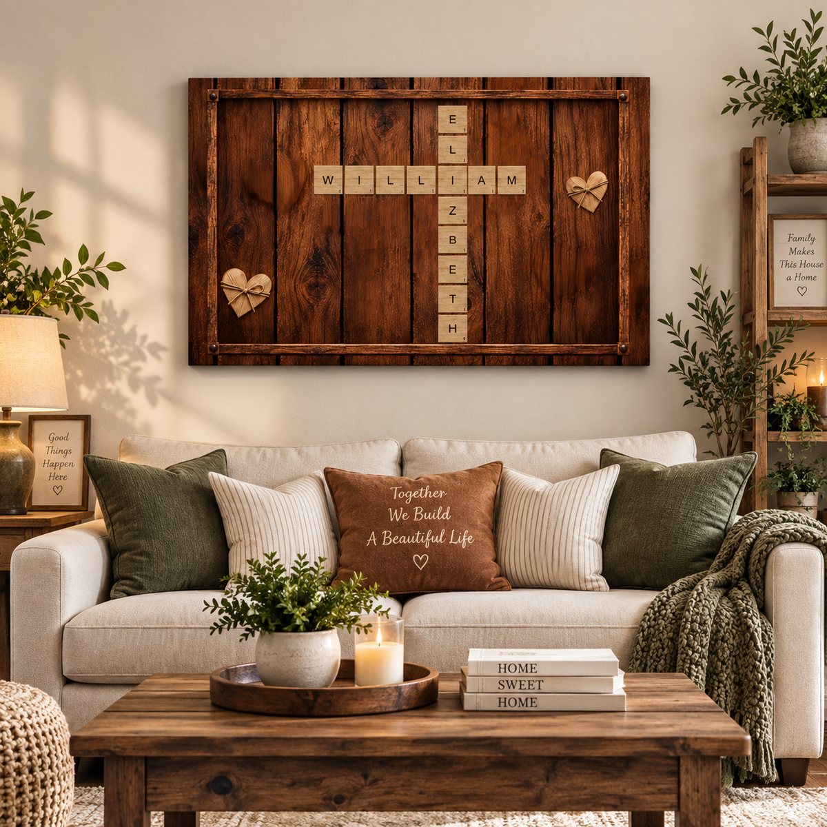 Personalized Couple Scrabble Wall Art | Custom Name Crossword Wood Canvas | Rustic Farmhouse Wedding Anniversary Gift for Couples