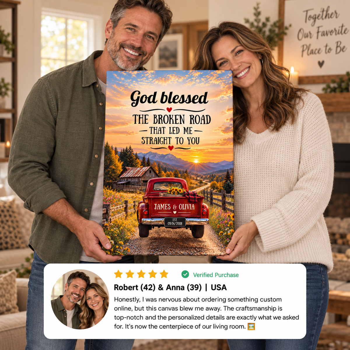 "God Bless The Broken Road," Personalized Couple Canvas Wall Art