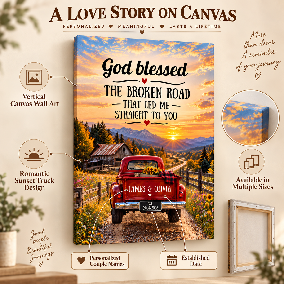 "God Bless The Broken Road," Personalized Couple Canvas Wall Art