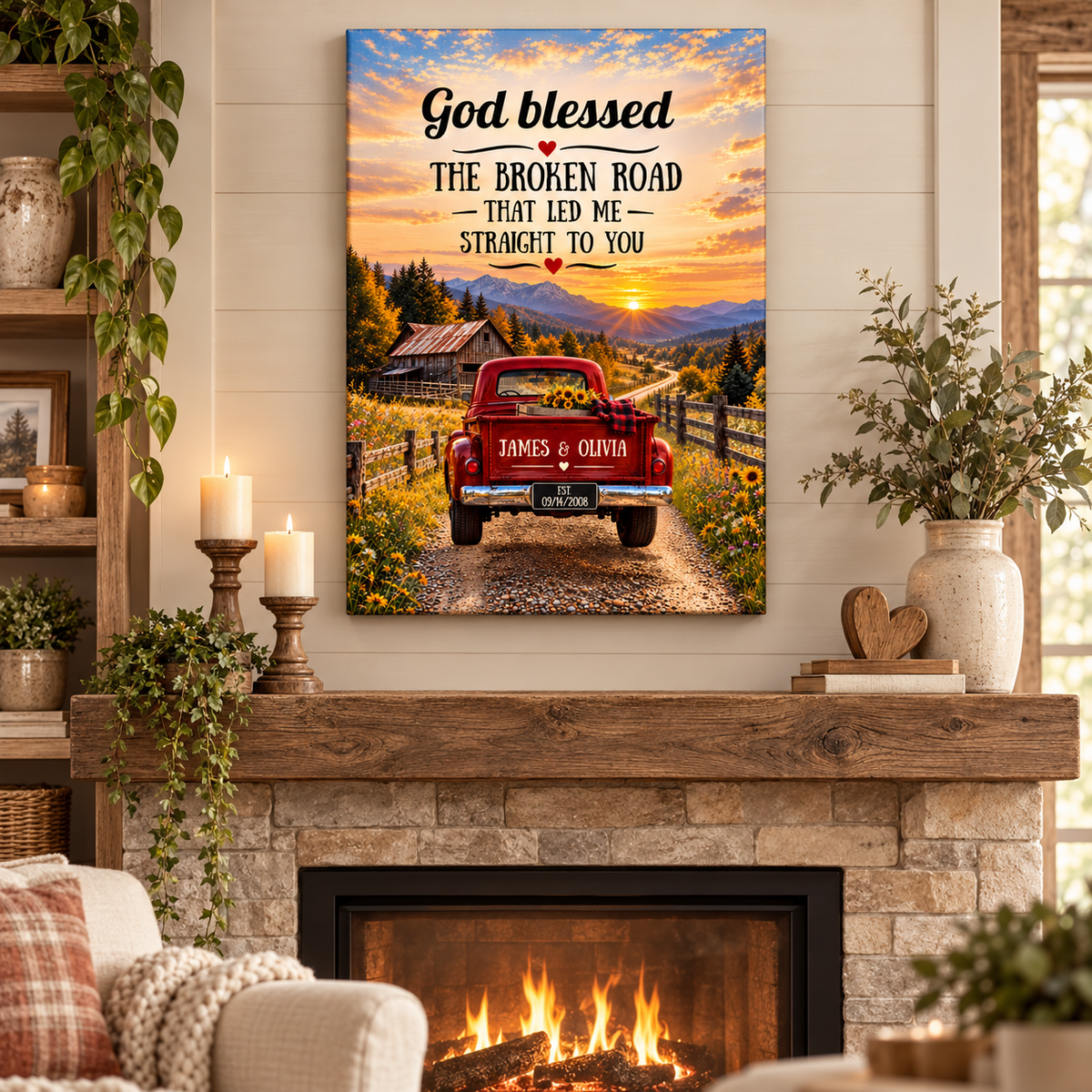 "God Bless The Broken Road," Personalized Couple Canvas Wall Art