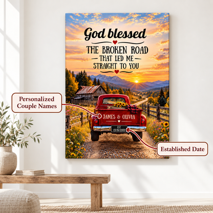 "God Bless The Broken Road," Personalized Couple Canvas Wall Art