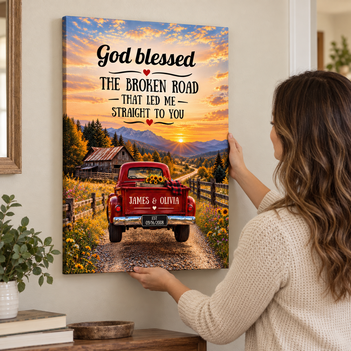 "God Bless The Broken Road," Personalized Couple Canvas Wall Art