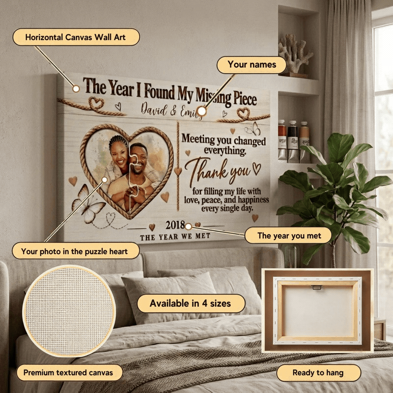 Personalized Missing Piece Couple Canvas, Custom Photo Anniversary Wall Art, Rustic Love Story Gift for Couples