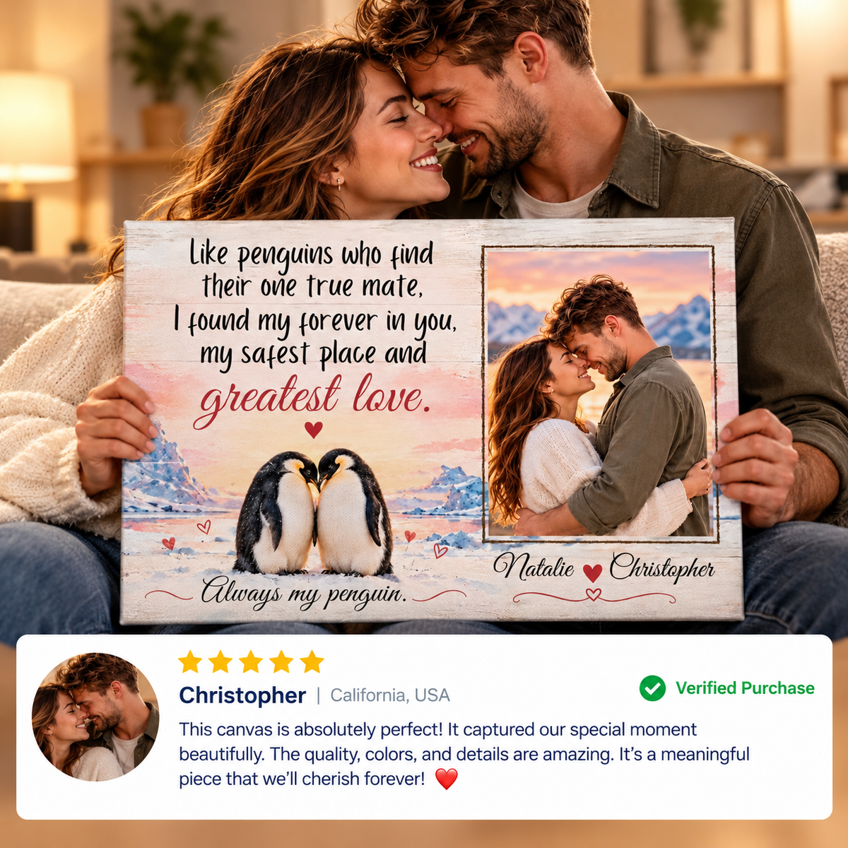 Personalized Penguin Couple Canvas with Custom Photo