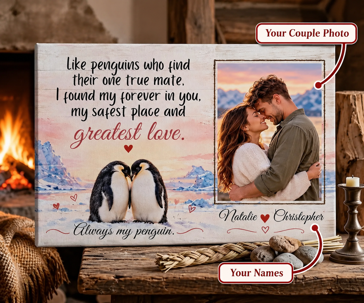 Penguin Couple Romantic Snowy Landscape Canvas