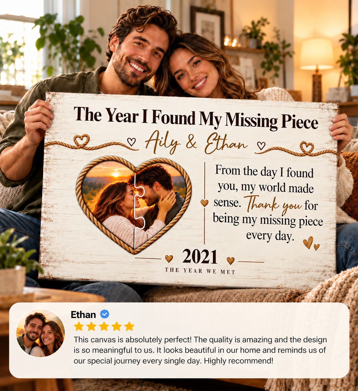 Personalized Missing Piece Couple Canvas, Custom Photo Anniversary Wall Art, Romantic Soulmate Gift with Names and Year