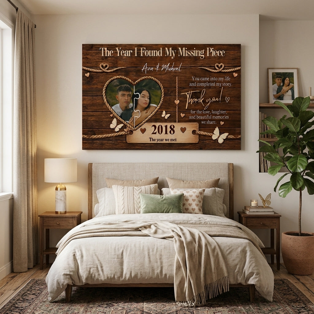 Personalized Missing Piece Couple Canvas, Custom Photo Love Story Wall Art, Rustic Anniversary Gift with Names and Year