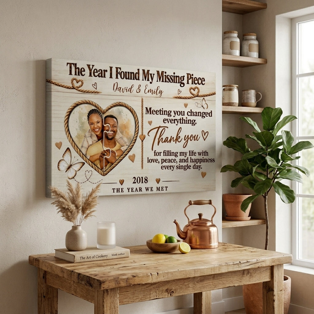 Personalized Missing Piece Couple Canvas, Custom Photo Anniversary Wall Art, Rustic Love Story Gift for Couples