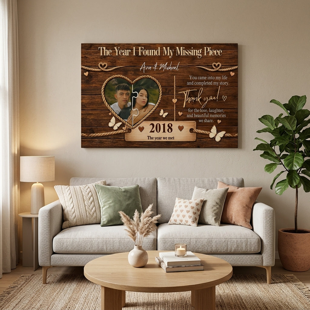 Personalized Missing Piece Couple Canvas, Custom Photo Love Story Wall Art, Rustic Anniversary Gift with Names and Year