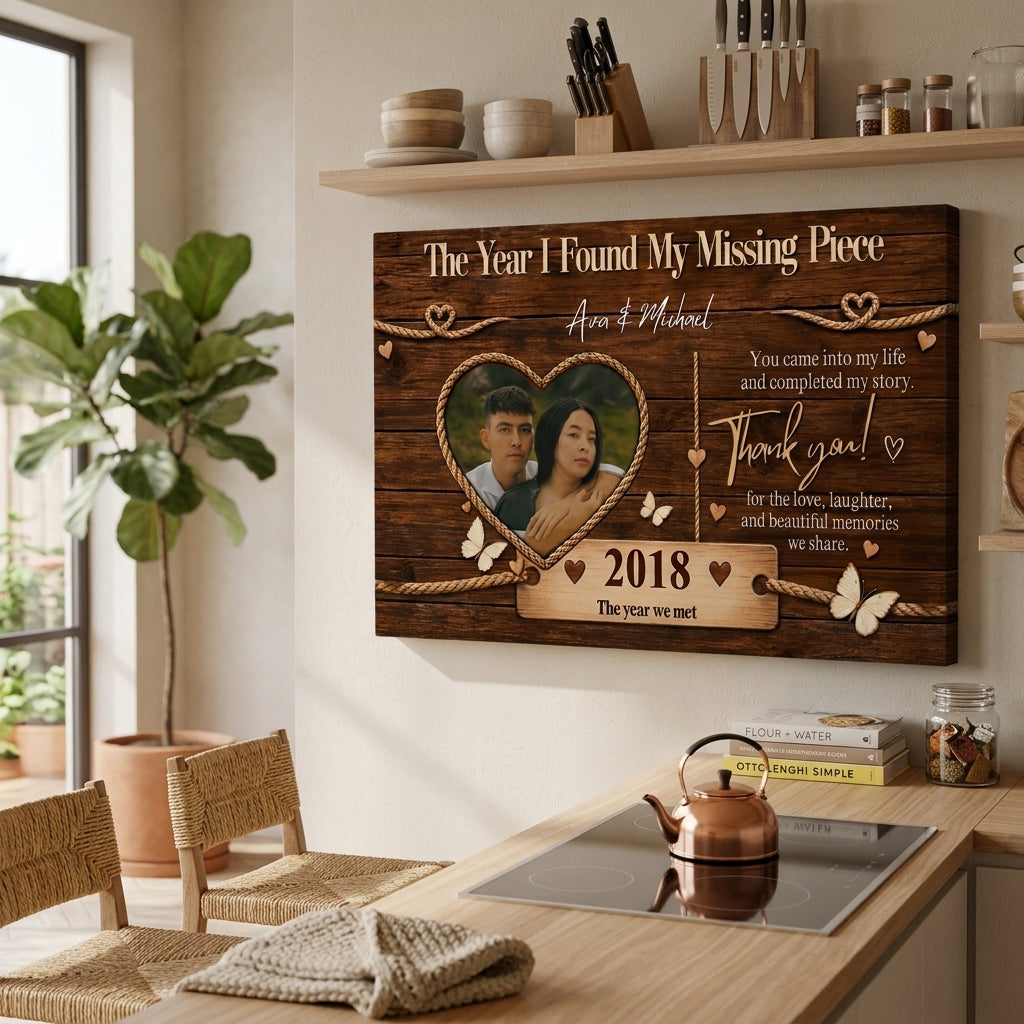 Personalized Missing Piece Couple Canvas, Custom Photo Love Story Wall Art, Rustic Anniversary Gift with Names and Year