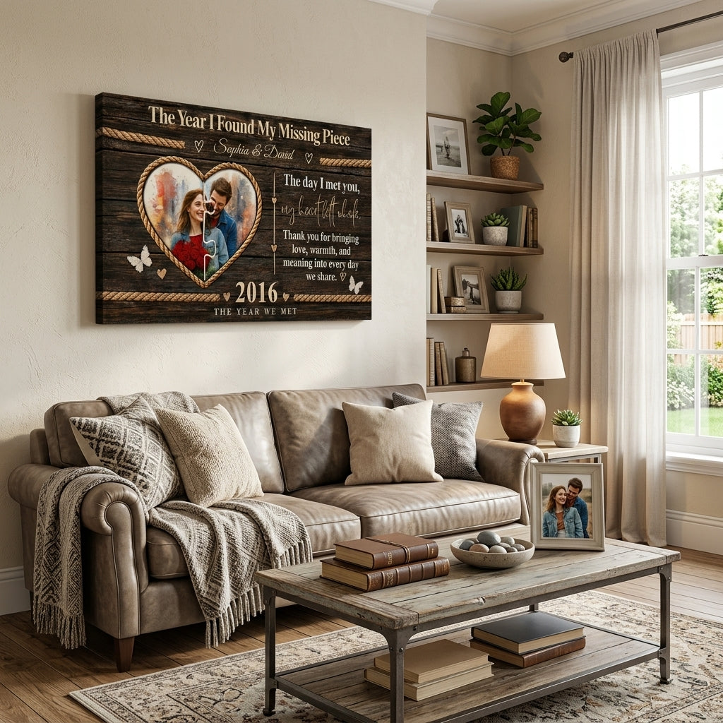 Personalized Missing Piece Couple Canvas, Custom Photo Love Story Wall Art, Rustic Anniversary Gift for Couples
