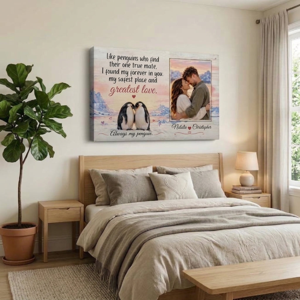 Personalized Penguin Couple Canvas, Custom Photo Love Wall Art, Always My Penguin Romantic Anniversary Gift