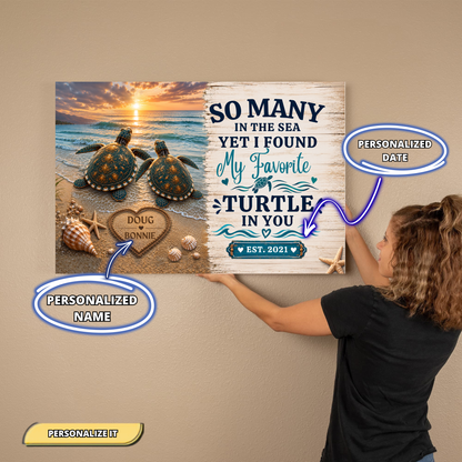 Personalized Sea Turtle Couple Canvas | Custom Names & Date Ocean Wall Art | Romantic Beach Anniversary Gift for Couples