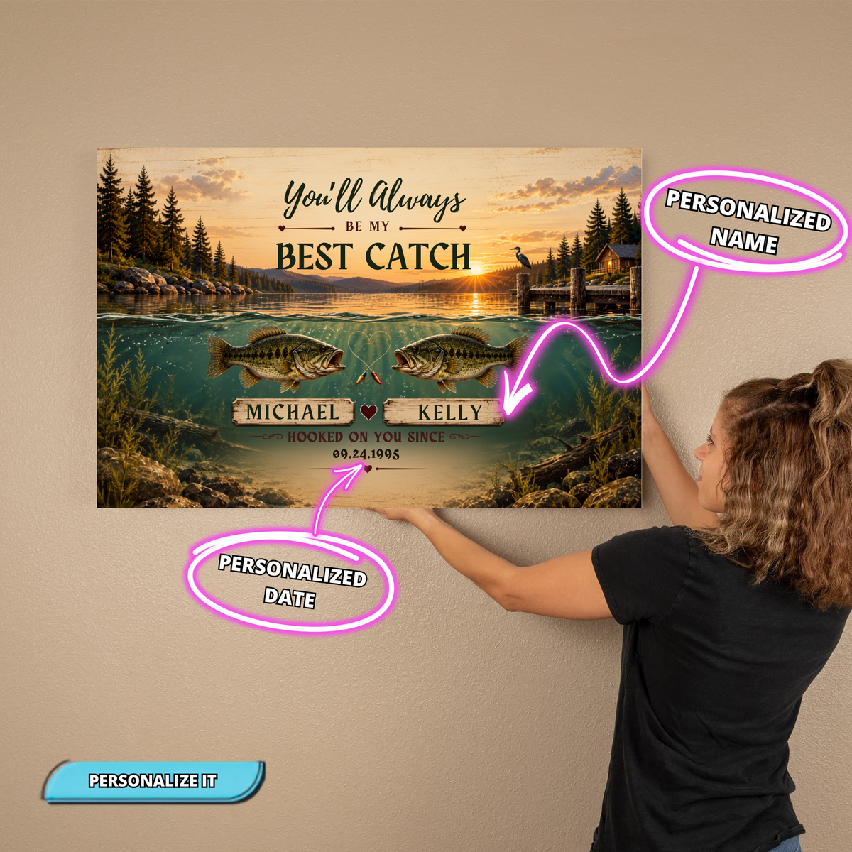 Personalized Fishing Couple Canvas | Custom Names & Date Best Catch Wall Art | Rustic Lake Anniversary Gift for Fishermen