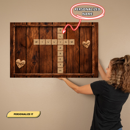 Personalized Couple Scrabble Wall Art | Custom Name Crossword Wood Canvas | Rustic Farmhouse Wedding Anniversary Gift for Couples