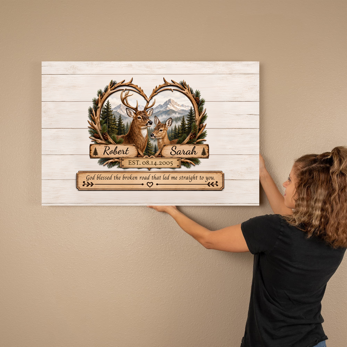 Personalized Deer Couple Canvas | Custom Names & Date Rustic Deer Wall Art | Romantic Woodland Anniversary Gift for Couples