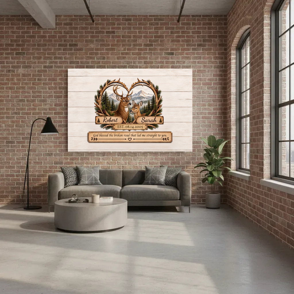Personalized Deer Couple Canvas | Custom Names & Date Rustic Deer Wall Art | Romantic Woodland Anniversary Gift for Couples